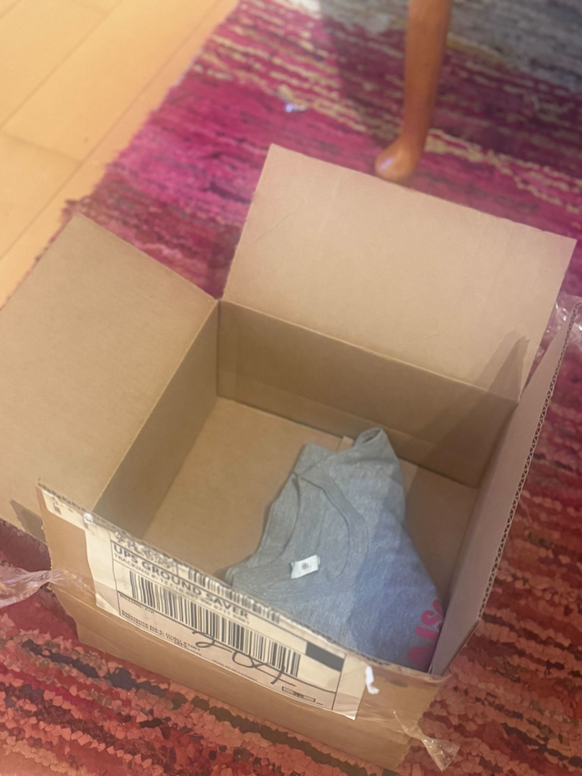 A partially crumpled gray shirt lies inside an open cardboard box on a red patterned rug near a wooden chair leg.